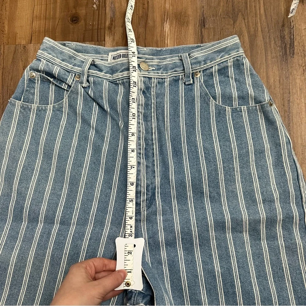 VTG 80s 90s High Waist Long Baggy Bermuda Blue & White Stripe Jean Denim Shorts